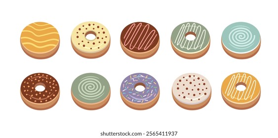 Set of donut. Colorful donuts. Fast food. Bakery. Birthday donuts. 