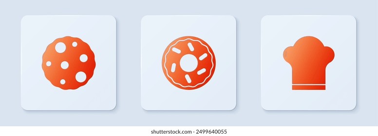 Set Donut, Cookie or biscuit and Chef hat. White square button. Vector