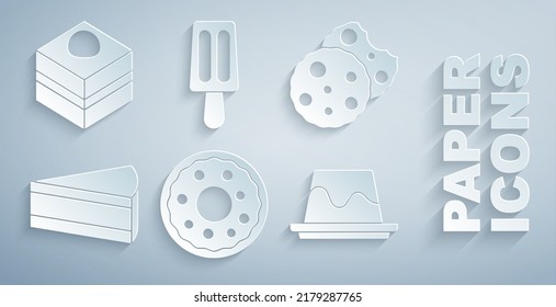 Set Donut, Cookie or biscuit, Piece of cake, Pudding custard, Ice cream and Brownie chocolate icon. Vector