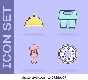 Set Donut, Covered with tray, Chicken leg and Coffee cup to go icon. Vector