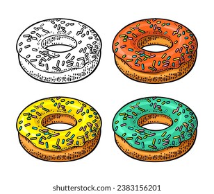 Set donut with different icing and colorful sprinkles. Vector color and monochrome hand drawn vintage engraving illustration for poster, label and menu bakery shop. Isolated on the white