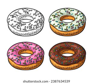 Set donut with different icing and colorful sprinkles. Vector color and monochrome hand drawn vintage engraving illustration for poster, label and menu bakery shop. Isolated on the white
