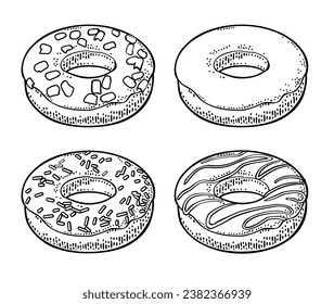 Set donut with different icing, glaze, stripes, sprinkles. Vector color hand drawn vintage engraving illustration for poster, label and menu bakery shop. Isolated on the white background.