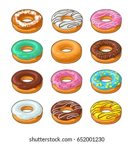 Set donut with different icing, glaze, stripes, sprinkles. Vector colorful flat illustration for poster, label and menu bakery shop. Isolated on the white background.