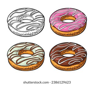 Set donut with different icing and stripes. Vector color and monochrome hand drawn vintage engraving illustration for poster, label and menu bakery shop. Isolated on the white background