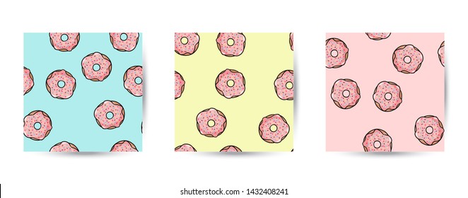 Set of donut doodles seamless patterns. Pink donuts with topping on pastel background. Cute cartoon background