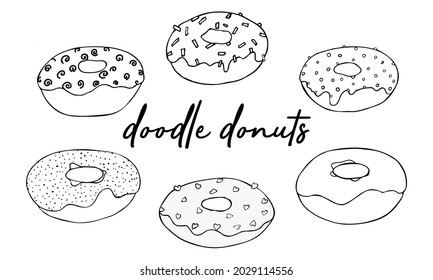 set Donut Doodles. vector illustration. drawing line donuts. Sketch of delicious donuts. Sweet desserts