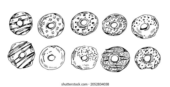 set Donut Doodles. vector illustration. drawing line donuts. Sketch of delicious donuts. Sweet desserts