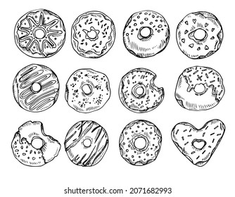 set Donut Doodles. vector illustration. drawing line donuts. Sketch of delicious donuts. Sweet desserts