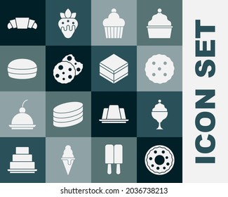 Set Donut, Ice cream in bowl, Cookie or biscuit, Cake, Macaron cookie, Croissant and Brownie chocolate cake icon. Vector