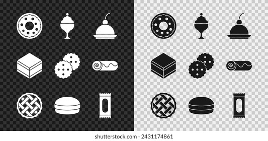 Set Donut, Ice cream in bowl, Cherry cheesecake, Homemade pie, Macaron cookie, Candy, Brownie chocolate and Cookie or biscuit icon. Vector