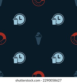 Set Donut, Ice cream in waffle and Round the clock delivery on seamless pattern. Vector
