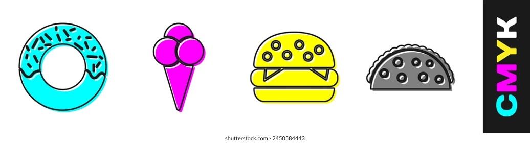 Set Donut, Ice cream in waffle cone, Burger and Taco with tortilla icon. Vector