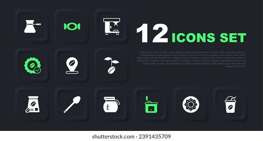 Set Donut, Iced coffee, Location with bean, Manual grinder, Medal for, Teaspoon, Candy and Coffee pot icon. Vector