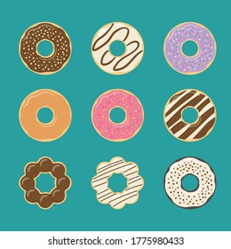 Icono conjunto de donut, colección de símbolos de anillos, comida rápida de postre, diseño plano, ilustración de vectores