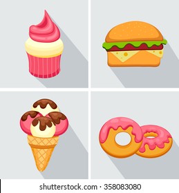 Set donut icon with pink glaze, Strawberry Muffin,  hamburger and Ice Cream with long shadow. Vector Illustration eps 10.