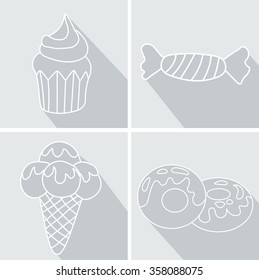 Set donut icon with pink glaze, Strawberry Muffin,  candy and Ice Cream with long shadow. Vector Illustration eps 10