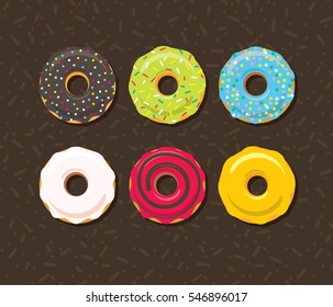 Set of donut icons. Sweet sugar icing donuts in the glaze with colorful sprinkle topping. Vector eps8 illustration.