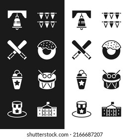 Set Donut, Liberty bell in Philadelphia, Carnival garland with flags, Ice cream waffle cone, Drum drum sticks, United States Capitol Congress and Patriotic American top hat icon. Vector