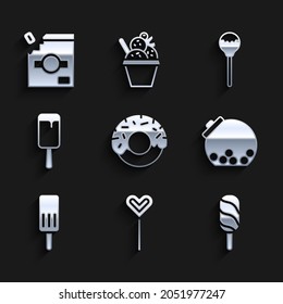 Set Donut, Lollipop, Ice cream, Glass jar with candies inside,  and Candy packaging for sweets icon. Vector