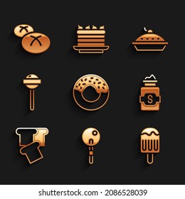 Set Donut, Lollipop, Ice cream, Jar of sugar, Bread toast, Homemade pie and loaf icon. Vector