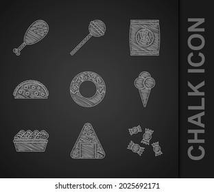 Set Donut, Onigiri, Candy, Ice cream in waffle cone, Chicken nuggets box, Taco with tortilla, Hard bread chucks crackers and leg icon. Vector