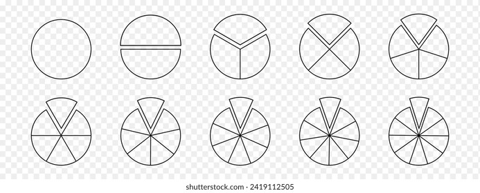 Set of donut or pie charts with separated fragments. Circle divides on equal parts from 1 to 10. Round shapes cut in slices isolated on transparent background. Vector outline illustration