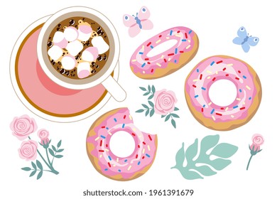 Set of donut with pink icing and sprinkles, rose flower and cup of black coffee with marshmallow. Cartoon style. Vector illustration.