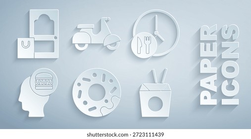 Set Donut, entrega durante todo el día, pedidos en línea y fideos asiáticos, palillos, scooter e icono. Vector