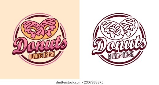 Set of donut shop logo vector illustration emblem, strawberry pink donut lettering logo badge suitable for business logo, banner, sign, vintage  style