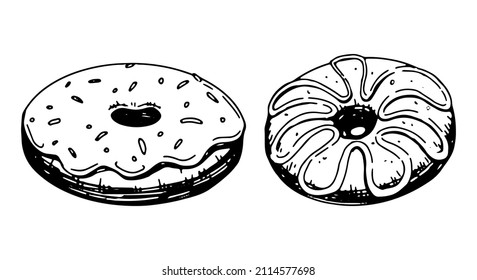 Set of donut sketches. Collection of sweet food, desserts. Hand drawn vector illustration in retro style. Outline cliparts isolated on white background.