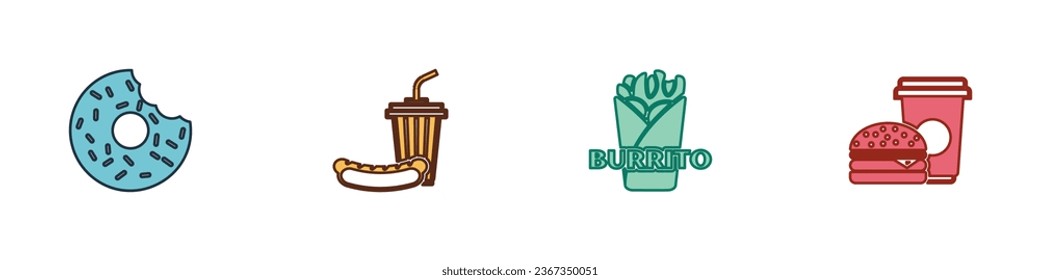 Set Donut, Soda and hotdog, Burrito and Coffee burger icon. Vector