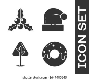 Set Donut with sweet glaze, Branch viburnum or guelder rose, Christmas tree and Christmas Santa Claus hat icon. Vector