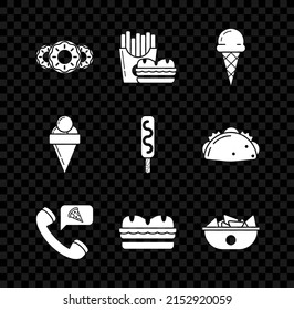 Set Donut with sweet glaze, Burger and french fries in carton package box, Ice cream waffle cone, Food ordering pizza, Sandwich, Nachos plate,  and  icon. Vector