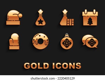 Set Donut with sweet glaze, Calendar, Snowflake speech bubble, Christmas ball, mitten, Gift box and bag, Santa Claus hat and gift icon. Vector