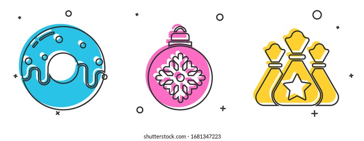 Set Donut with sweet glaze, Christmas ball and Santa Claus bag gift icon. Vector