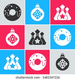 Set Donut with sweet glaze, Christmas ball and Santa Claus bag gift icon. Vector