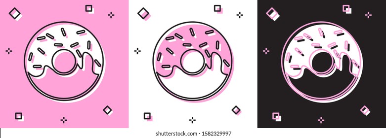 Set Donut with sweet glaze icon isolated on pink and white, black background.  Vector Illustration