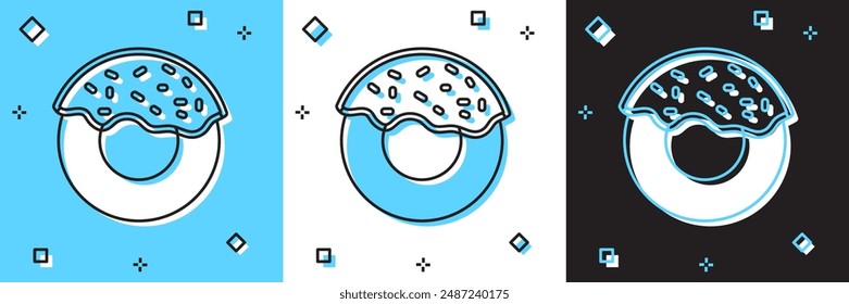 Set Donut mit süßen Glasur-Symbol isoliert auf blauem und weißem, schwarzem Hintergrund.  Vektorgrafik