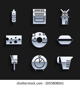 Set Donut mit Süßglasur, Küchenzeitgeber, Messbecher, Macaron-Kekse, Bürste, Käse, Windmühle und Getreide Reis, Weizen, Mais, Hafer, Roggensymbol. Vektorgrafik