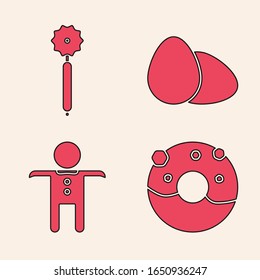Set Donut with sweet glaze , Pizza knife , Chicken egg  and Holiday gingerbread man cookie  icon. Vector