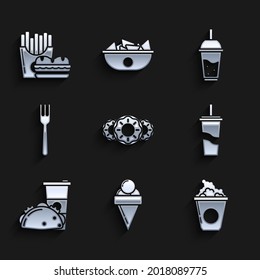 Set Donut with sweet glaze, Popcorn cardboard box, Paper glass drinking straw and water, taco tortilla, Fork, Glass of lemonade and Burger french fries carton package icon. Vector