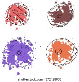 Set of donuts with abstract color brushstrokes. Cartoon sketch drawn by ink. Hand drawn vector illustration.