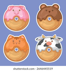 Set of donuts with animal faces. Cute cartoon vector illustration.