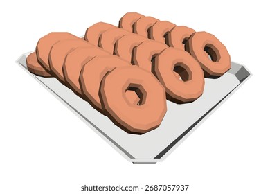 Um conjunto de rosquinhas dispostas em uma bandeja retangular brilhante com design poligonal. As guloseimas acabadas de assar são vidradas e ligeiramente polvilhadas com açúcar.