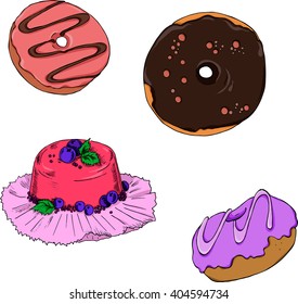 Set of donuts and cake or jelly with fresh berries isolated on white background. Cartoon sketch drawn by ink. Hand drawn vector illustration.