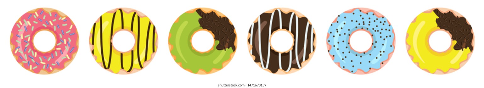 set of donuts in cartoon style on white background isolated objects