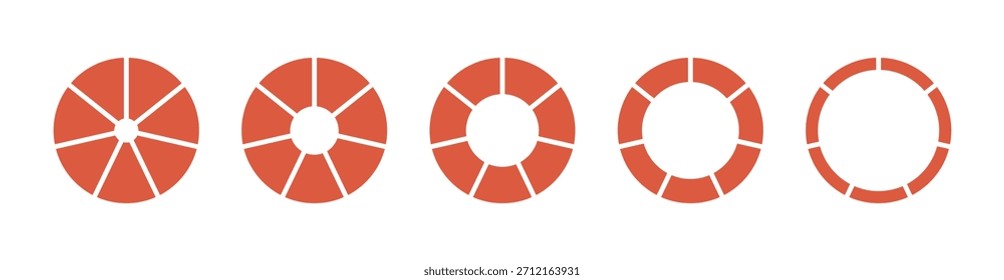 Conjunto de gráficos de donuts, pasteles segmentados en 7 partes iguales. Ruedas redondas divididas en siete secciones. Diagramas Plantillas de infografía. Colección del gráfico de sección circular. Iconos rojos del gráfico circular. Elemento geométrico.