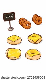 eine Reihe von Donuts, Käse und andere Artikel zum Verkauf auf weißem Hintergrund