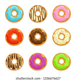 Set of donuts with chocolate and colored glaze and colorful sprinkles. Doughnuts isolated on white background, illustration.